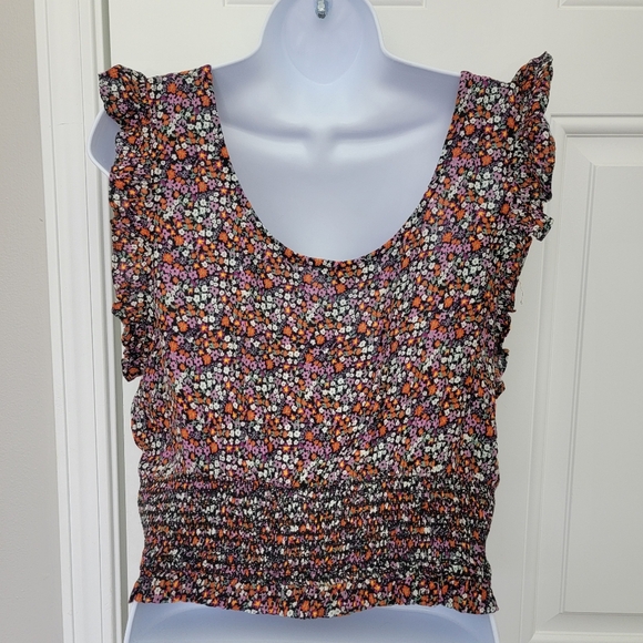 Patrons Of Peace Floral Flutter Sleeve V Neck Ruched Waist Crop Top Size L - Picture 3 of 9